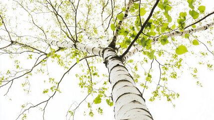 Fototapeta premium Tall and Slender Birch Tree with Distinctive White Bark and Delicate Branches Dotted with Light Green Leaves Isolated on White Background - No Shadows or Reflections, Generated AI 