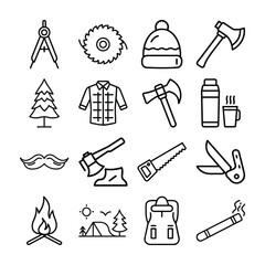 Collection of Black Line Icons for Lumberjack and Camping Theme