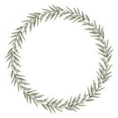 Watercolor hand drawn frame with a eucalyptus branch on a savage green color. Square frame for shop, banner, postcard