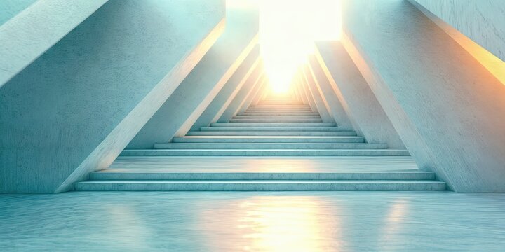 Endless white and blue staircase with smooth matte texture, surrounded by tall converging walls, bright glowing light at the end, minimalistic geometric composition, clean cold color palette, surreal 