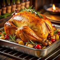 Golden Roasted Turkey with Seasonal Garnishes on Rustic Tabletop