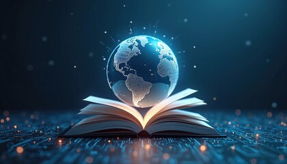 Naklejka premium Futuristic global education concept with open book, globe map hologram. Three-dimensional earth model hovers over textbook on blue circuit board background. Digital learning, tech, international