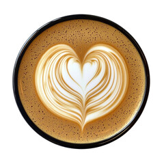 Heart-Shaped Latte Art in a Black Coffee Cup on White Background