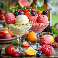 Elegant Desserts In Glasses Filled With white and pink Ice Cream And Berries and fruits