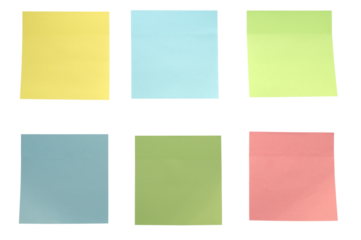 Six colorful sticky notes on transparent background communicating ideas. Isolated