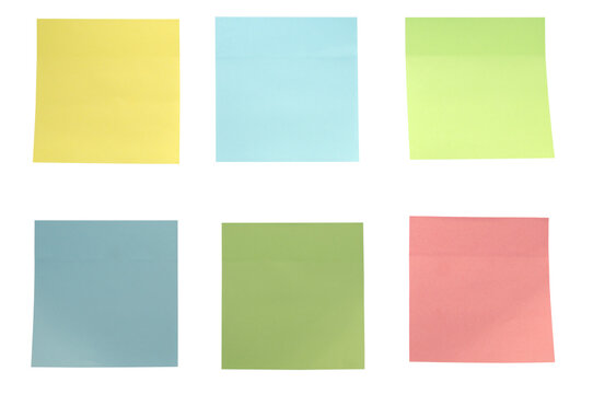 Six colorful sticky notes on transparent background communicating ideas. Isolated