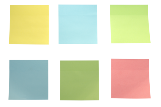 Six colorful sticky notes on transparent background communicating ideas. Isolated