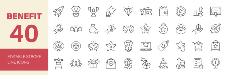 Benefit icon set. Reward related icons: bonus, loyalty, star, employee benefit, winner, award, prize, incentive and more. Editable line icons. Vector illustration.