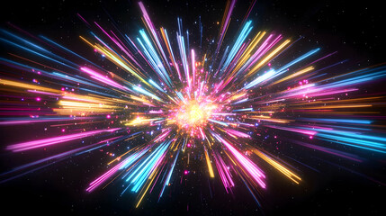 Naklejka premium Vivid Neon Explosion Streaks on Dark Background Abstract Zoom Burst Effect With Colorful Lights and Motion Trails