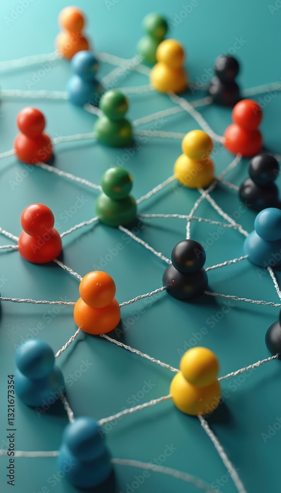 Poster Network of colorful connected people. String links colorful figures, network communication, relationship, teamwork, collaboration, community support. Abstract concept of connection, togetherness,
