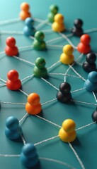 Fototapeta premium Network of colorful connected people. String links colorful figures, network communication, relationship, teamwork, collaboration, community support. Abstract concept of connection, togetherness,