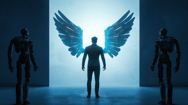 Futuristic Business Concept of a Human with High-Tech Angelic Wings Surrounded by Robots