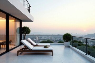 Fototapeta premium Serene Sunset Vista from a Modern Penthouse Balcony with Luxurious Lounge Chairs