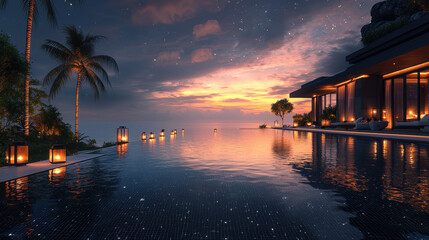 Serene Sunset Retreat: Captivating twilight vista featuring a luxurious resort infinity pool overlooking the ocean, palm trees silhouetted against the vibrant sunset.