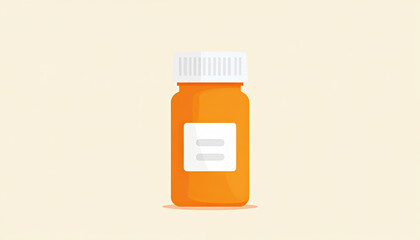 Minimalist Flat Vector Illustration of Classic Orange Pill Bottle with White Cap and Medical Label, Clean and Modern Design