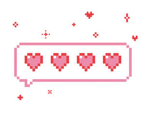 Love dialogue box with hearts and sparkles in pixel art. Speech bubble in the mood of 90s aesthetics. Love message emoji. Vector illustration on a white background. Retro style game abstract element