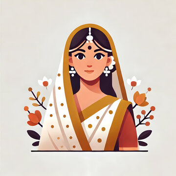 A flat illustration of an Indian woman in a saree, rendered in a simple and elegant style, isolated on a seamless white background, perfect for cultural icons.