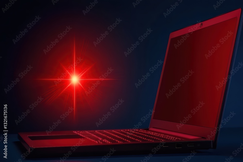 Poster red warning alert concept with computer reflecting malware detection in a dark environment