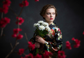 A white woman wearing a kimono holding a bouquet of flowers- traditional attire