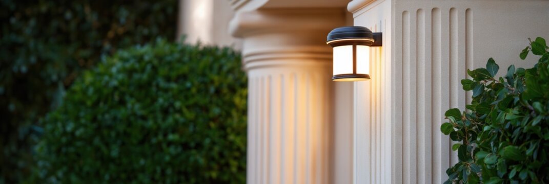 This image showcases a beautifully designed wall light, accentuating the textured wall and the lush greenery around it, creating a warm and inviting atmosphere.