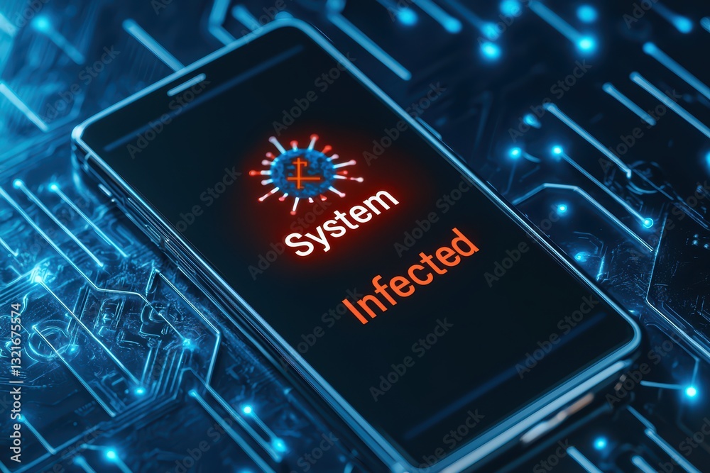 Poster mobile virus warning on smartphone screen against digital background with circuit patterns