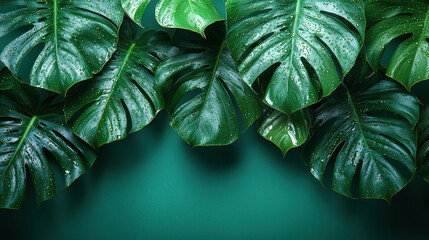 Monstera Leaves: A collection of vibrant, large Monstera leaves with water droplets adorn the frame with a moody, tropical flair. 