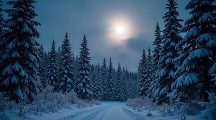 Fototapeta premium Snowy evergreen forest bathed in the soft glow of a full moon, casting silver light over frost-laden branches, creating a quiet, peaceful winter night scene.