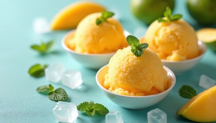Close-up of mango sorbet, decorated mint leaves, cubes of ice on blue background. Refreshing tropical fruit dessert with mango slices and green apples in background. Sweet snack on blue table.