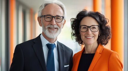 Professional Couple Engaging in a Business Discussion in a Modern Office Corridor Setting