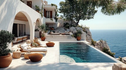 Cliffside Mediterranean escape with pristine pool, inviting lounge areas, and stunning ocean view. Perfect for serene relaxation.