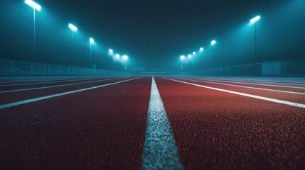 Majestic View of Empty Outdoor Athletic Track Under Dim Blue Lights in the Fog with Straight Lines Leading to the Unknown Distance
