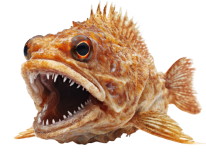 Fierce anglerfish with sharp teeth and vibrant colors, showcasing its unique features and predatory nature. This captivating marine creature is sure to intrigue and amaze