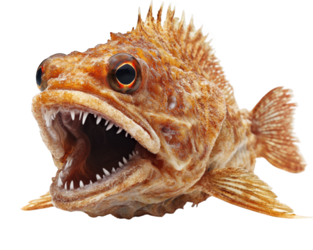 Fierce anglerfish with sharp teeth and vibrant colors, showcasing its unique features and predatory nature. This captivating marine creature is sure to intrigue and amaze
