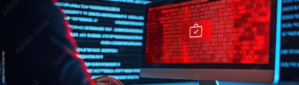 Poster ransomware attack concept with locked computer screen and digital code background