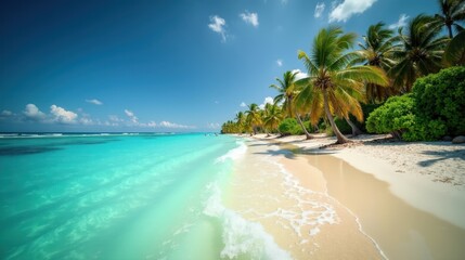Fototapeta premium A tropical beach with turquoise waters, soft white sand, and palm trees swaying in the gentle breeze, creating a paradise-like, relaxing coastal retreat.