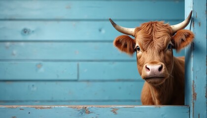 Highland cow peeks around corner against blue wooden fence background with blank space. Long haired bullock with horns looking at camera. Farm animal standing near blue barn wall with place for text.