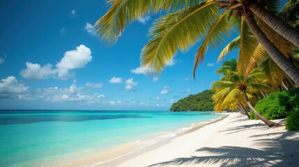 A tropical beach with turquoise waters, soft white sand, and palm trees swaying in the gentle breeze, creating a paradise-like, relaxing coastal retreat.