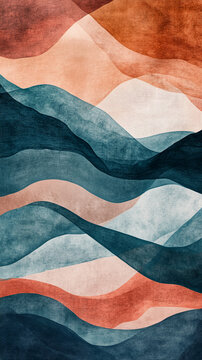 Abstract art depicting layered, textured waves in teal, peach, and terracotta hues.  Represents serenity, tranquility, and natural landscapes, ideal for home decor or design projects
