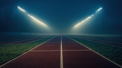 Fototapeta premium Foggy Night on an Empty Running Track with Bright Floodlights Illuminating the Path Ahead in a Mysterious Atmosphere