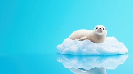 Playful Seal Rolling on Soft Cloud Surface Against Vibrant Blue Background