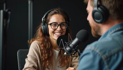 Happy woman records podcast with headphones, smiles, looks at man guest, interviews him for online show in radio studio. Podcasting, streaming, broadcasting, happy creator lifestyle content.