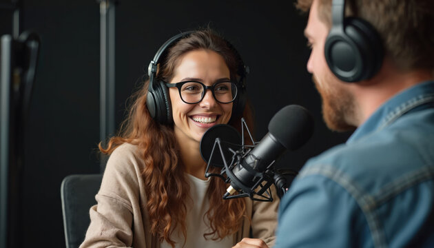 Happy woman records podcast with headphones, smiles, looks at man guest, interviews him for online show in radio studio. Podcasting, streaming, broadcasting, happy creator lifestyle content.