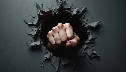 Close-up of clenched fist punching through damaged wall, symbol of strength, break through limits. Concept of determination, overcoming obstacles. Hand gesture shows business breakthrough, force,