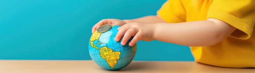 Child Saving Coins in Globe, Future Financial Concept for Education and Awareness