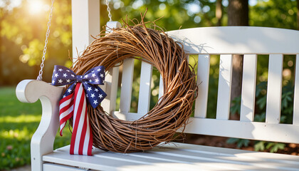 Handcrafted patriotic wreath on sunlit porch swing, artisanal decor