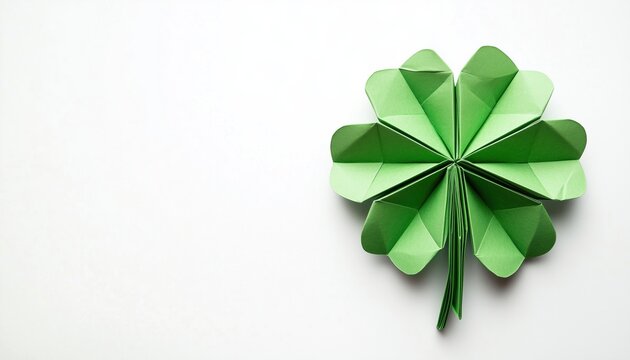 Green Origami Paper Shamrock Clover Leaf On White - St. Patrick'S Day Greeting Postcard Template With Space For Copy And Lettering.