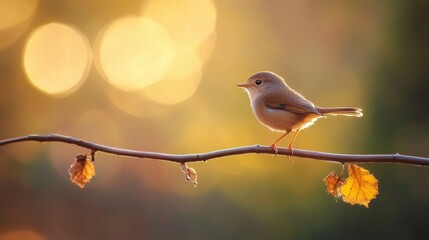 Obraz premium Delicate Bird Perched on Branch Against Soft Focus Autumn Background with Warm Colors and Bokeh Highlights in Nature