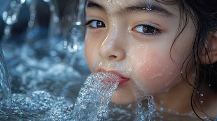 Obraz premium A young girl with dark hair is drinking from a garden hose, with water flowing out in a steady stream.