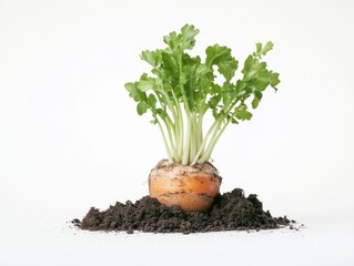 Turnip with green leaves growing out of the ground
