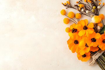 Vibrant orange blossoms and small round yellow flowers arranged on a light beige background
